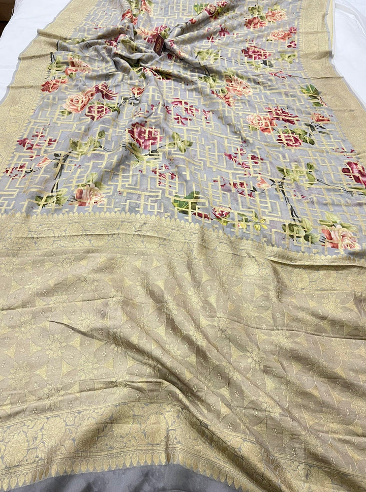 Grey Banarasi Handloom Pure Georgette Saree - Aura Benaras