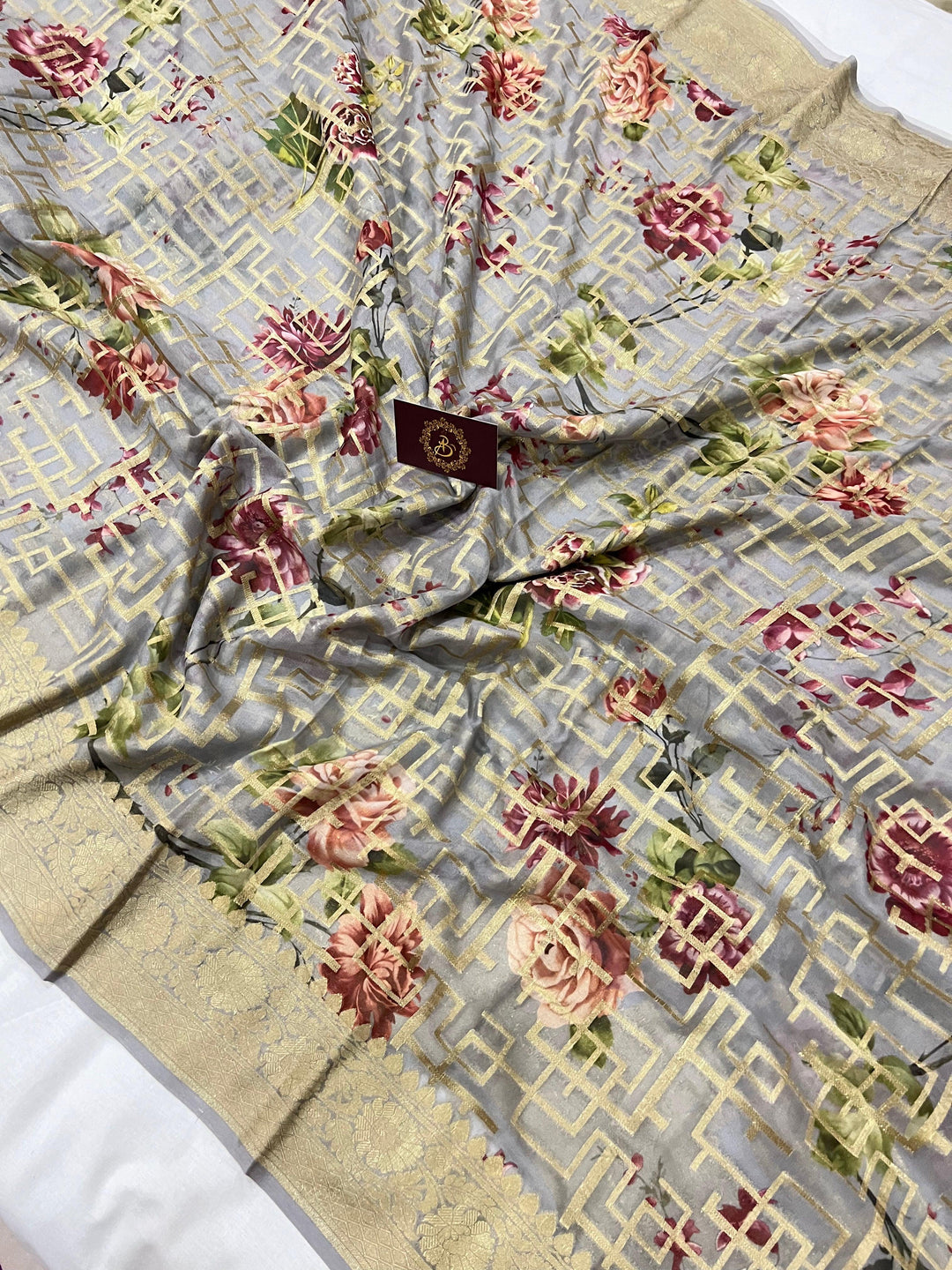 Grey Banarasi Handloom Pure Georgette Saree - Aura Benaras