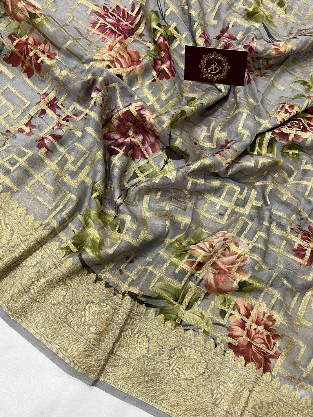 Grey Banarasi Handloom Pure Georgette Saree - Aura Benaras