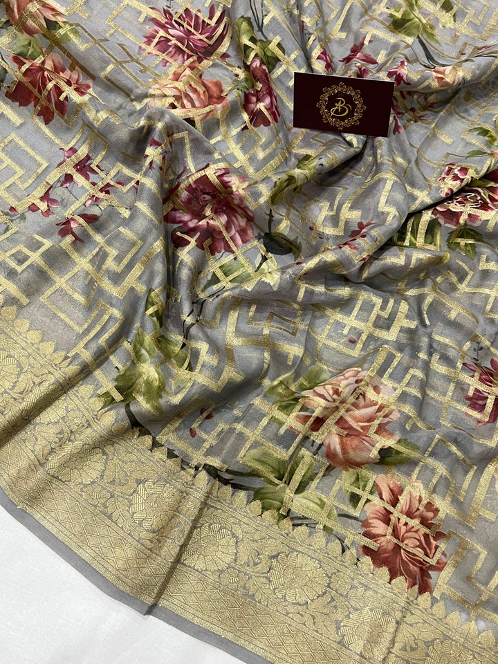 Grey Banarasi Handloom Pure Georgette Saree - Aura Benaras