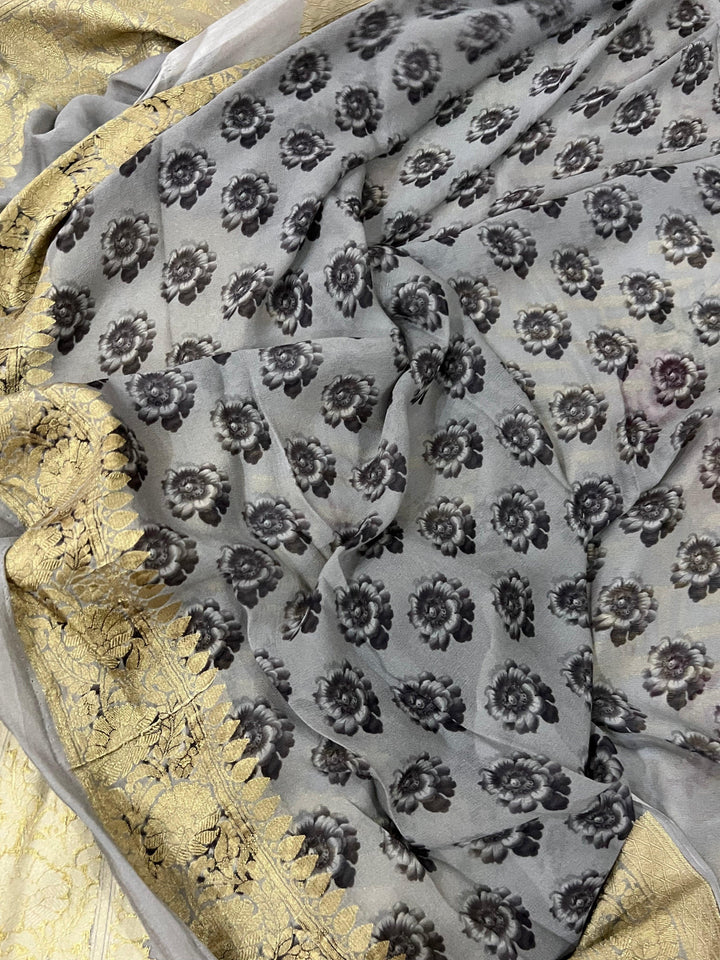 Grey Banarasi Handloom Pure Georgette Saree - Aura Benaras