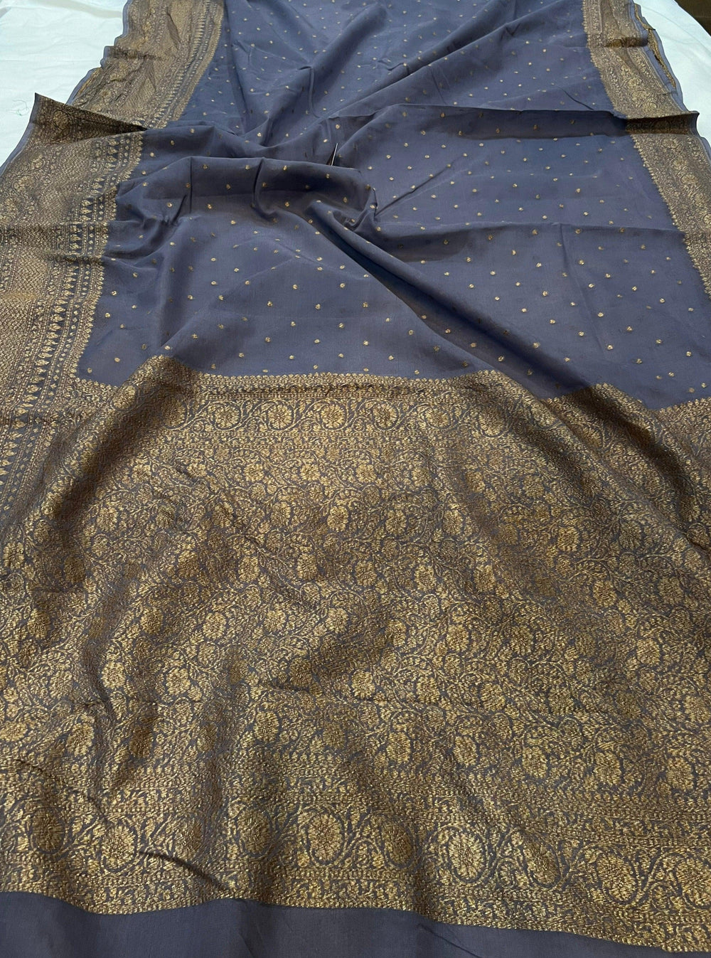 Grey Pure Banarasi Khaddi Georgette Saree - Aura Benaras