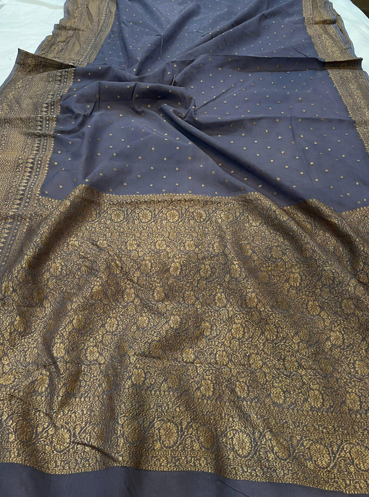 Grey Pure Banarasi Khaddi Georgette Saree - Aura Benaras