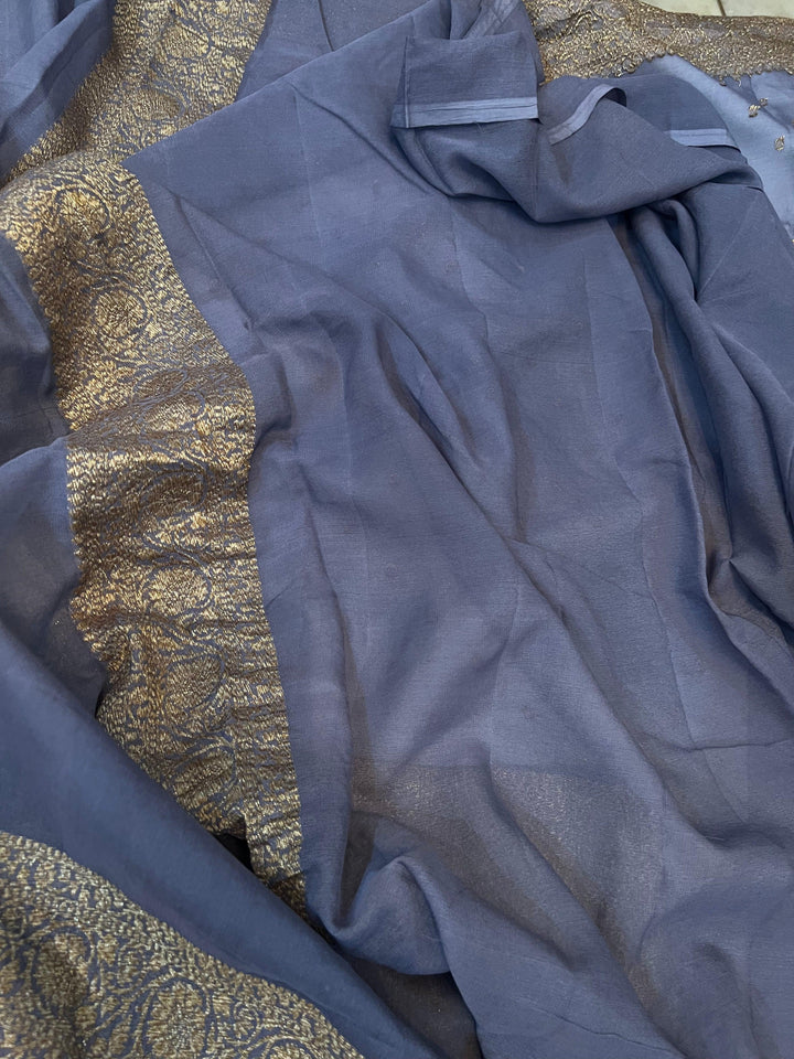Grey Pure Banarasi Khaddi Georgette Saree - Aura Benaras