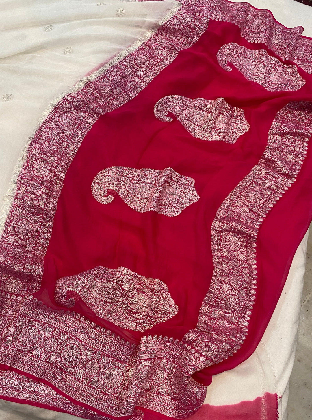 Off White Khaddi Chiffon Banarasi Handloom Saree - Aura Benaras