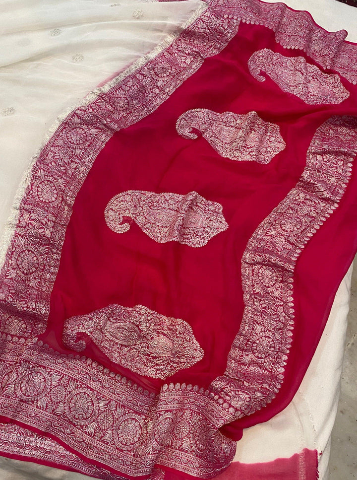 Off White Khaddi Chiffon Banarasi Handloom Saree - Aura Benaras