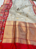 White Banarasi Handloom Kora Silk Saree - Aura Benaras