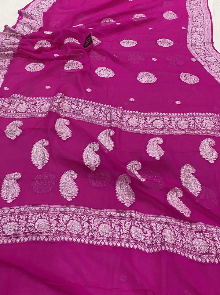 Hot Pink Banarasi Handloom Pure Chiffon Georgette Saree - Aura Benaras