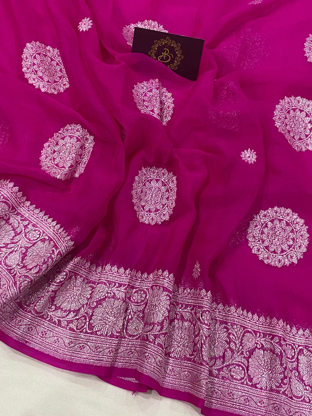 Hot Pink Banarasi Handloom Pure Chiffon Georgette Saree - Aura Benaras