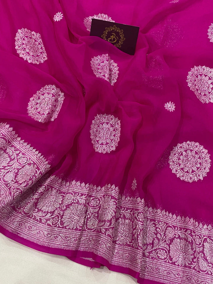 Hot Pink Banarasi Handloom Pure Chiffon Georgette Saree - Aura Benaras