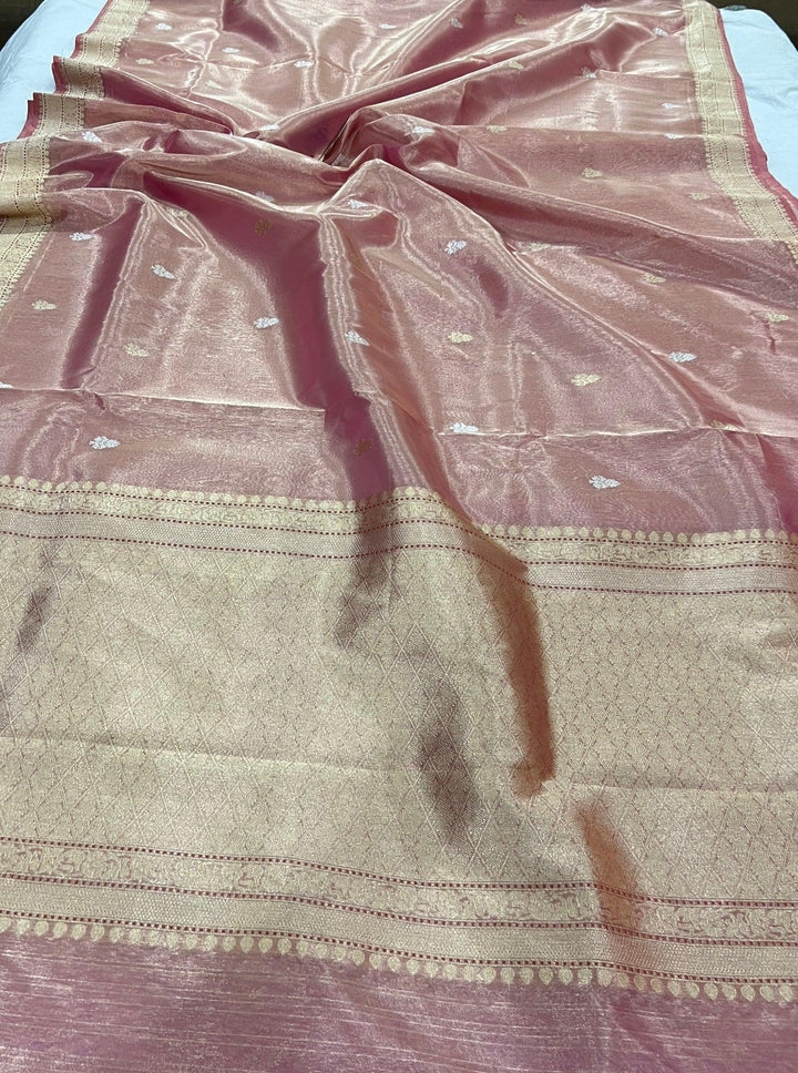 Rose Pink Banarasi Handloom Organza Tissue Silk Saree - Aura Benaras
