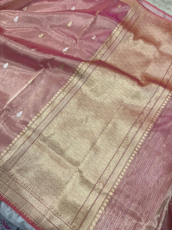 Rose Pink Banarasi Handloom Organza Tissue Silk Saree - Aura Benaras