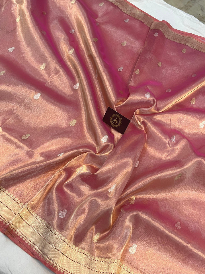Rose Pink Banarasi Handloom Organza Tissue Silk Saree - Aura Benaras