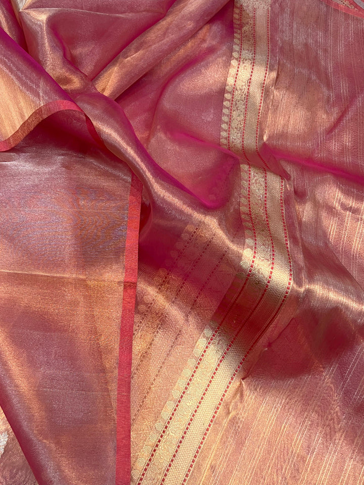 Rose Pink Banarasi Handloom Organza Tissue Silk Saree - Aura Benaras