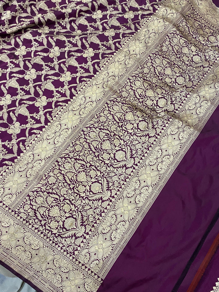 Wine Banarasi Handloom Katan Silk Saree - Aura Benaras