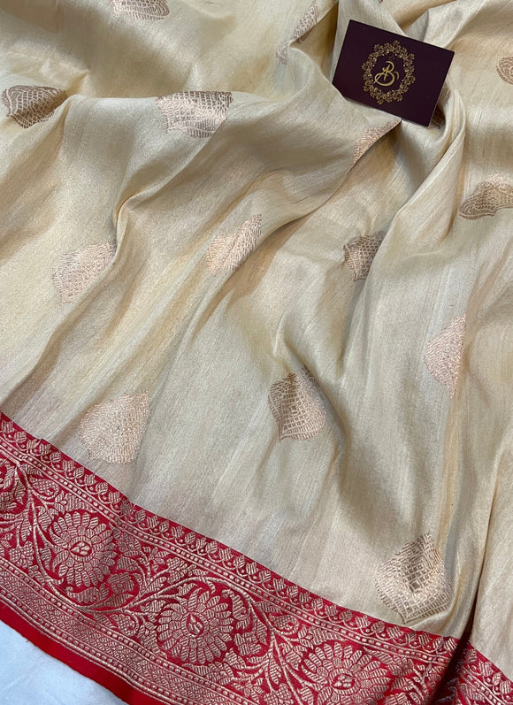 Cream Banarasi Handloom Pure Tussar Silk Saree - Aura Benaras