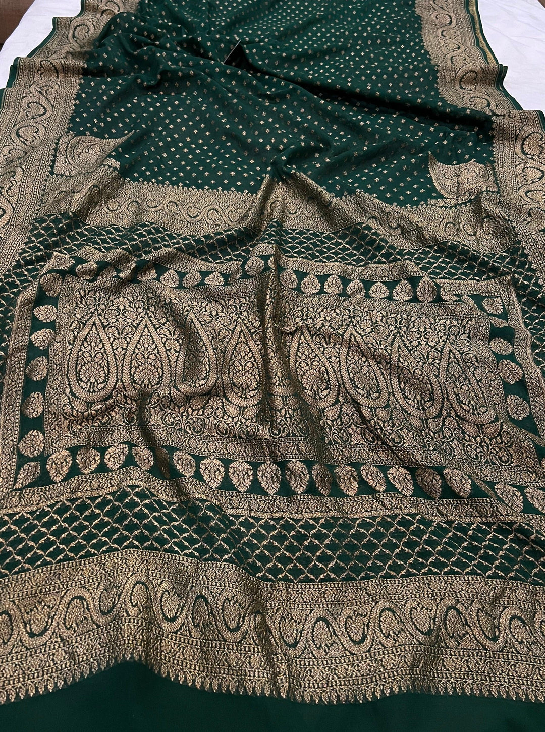 Bottle Green Pure Banarasi Khaddi Georgette Saree - Aura Benaras