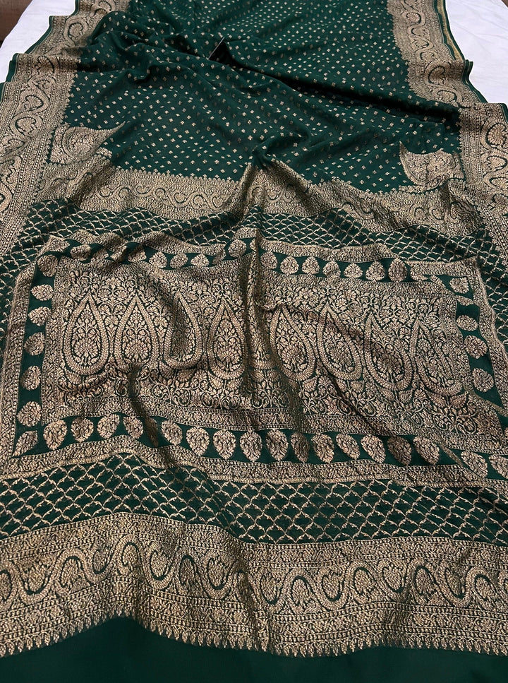 Bottle Green Pure Banarasi Khaddi Georgette Saree - Aura Benaras