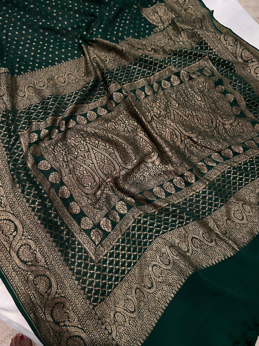 Bottle Green Pure Banarasi Khaddi Georgette Saree - Aura Benaras