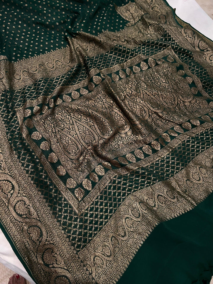 Bottle Green Pure Banarasi Khaddi Georgette Saree - Aura Benaras