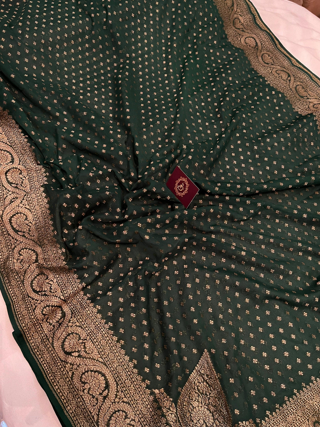 Bottle Green Pure Banarasi Khaddi Georgette Saree - Aura Benaras