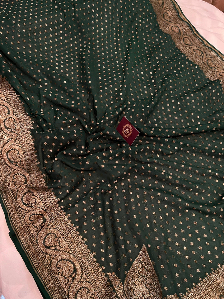 Bottle Green Pure Banarasi Khaddi Georgette Saree - Aura Benaras