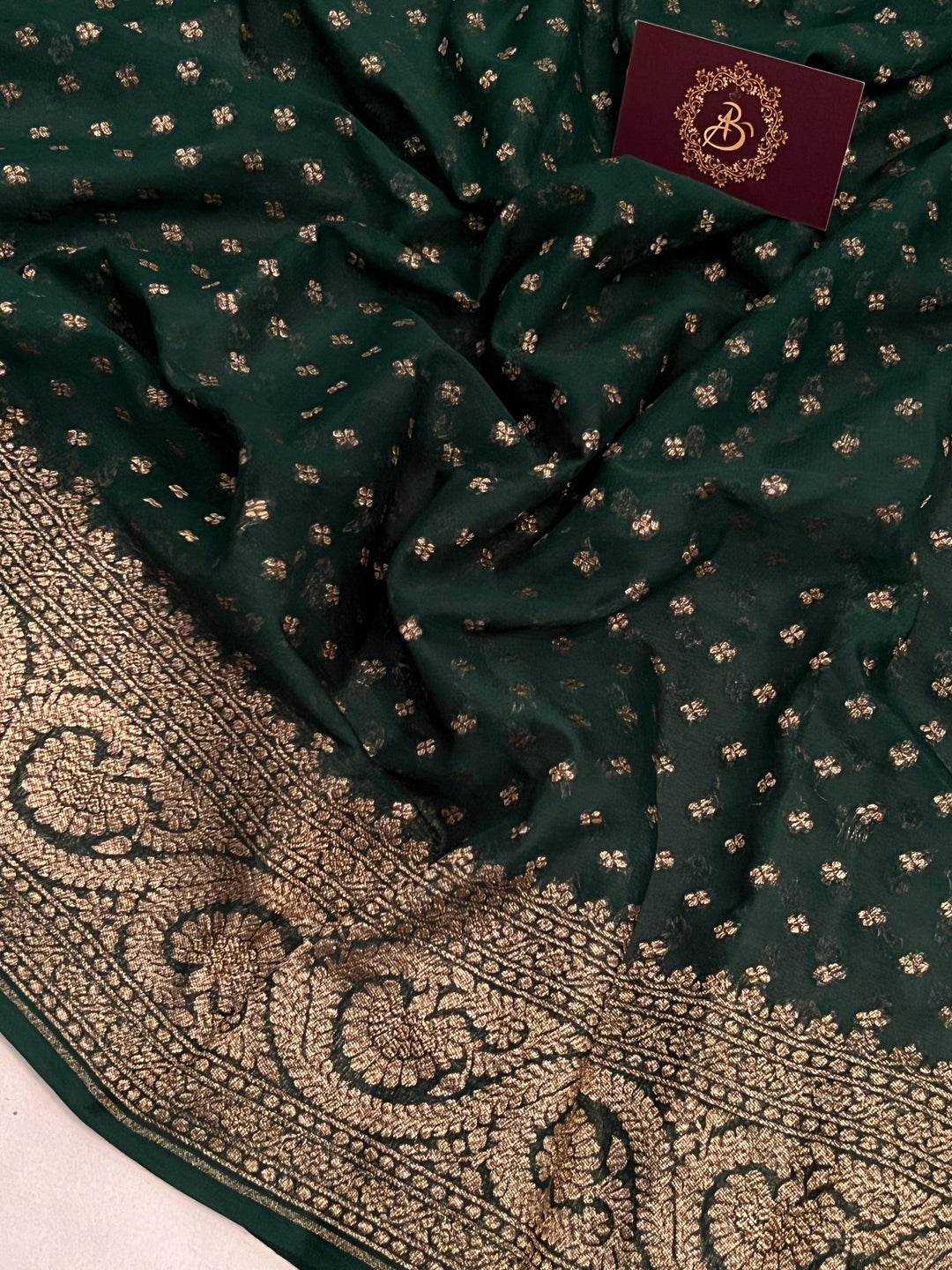Bottle Green Pure Banarasi Khaddi Georgette Saree - Aura Benaras