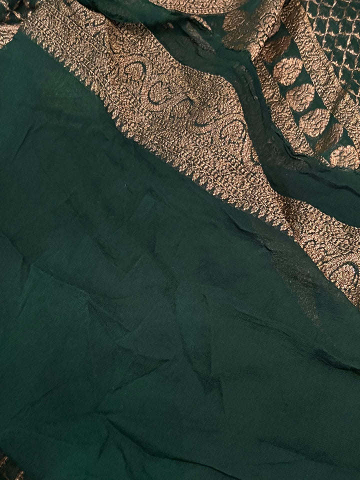 Bottle Green Pure Banarasi Khaddi Georgette Saree - Aura Benaras