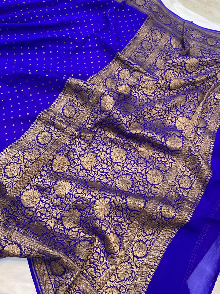 Royal Blue Banarasi Pure Khaddi Georgette Saree - Aura Benaras