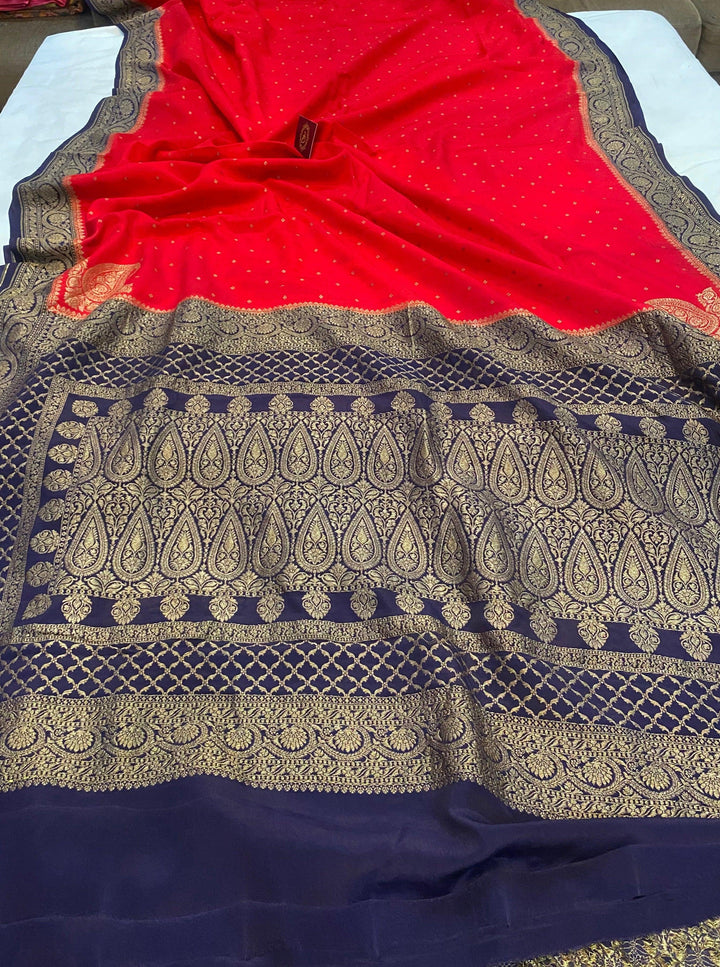 Red Pure Banarasi Khaddi Crepe Silk Saree - Aura Benaras