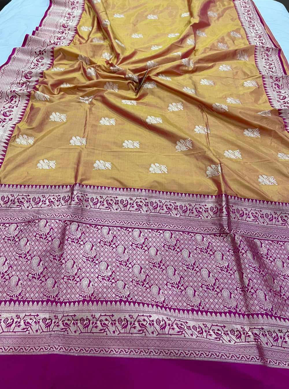 Yellowish Golden Pure Banarasi Handloom Katan Silk Saree - Aura Benaras