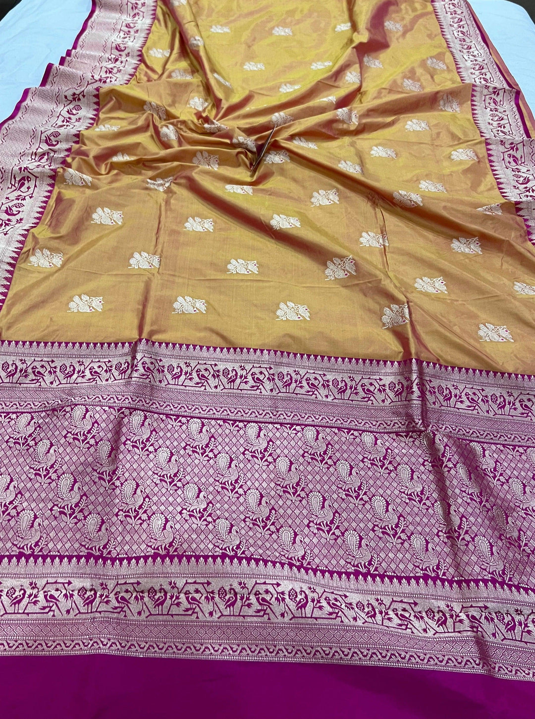 Yellowish Golden Pure Banarasi Handloom Katan Silk Saree - Aura Benaras