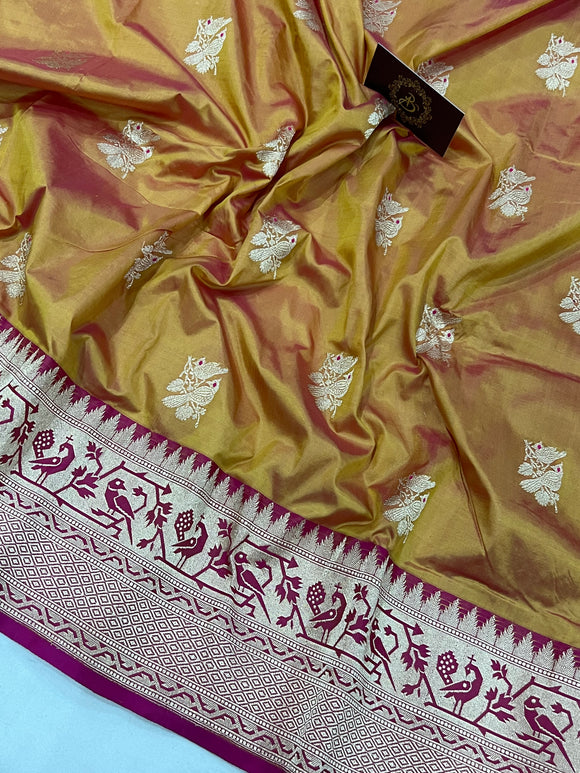 Yellowish Golden Pure Banarasi Handloom Katan Silk Saree - Aura Benaras