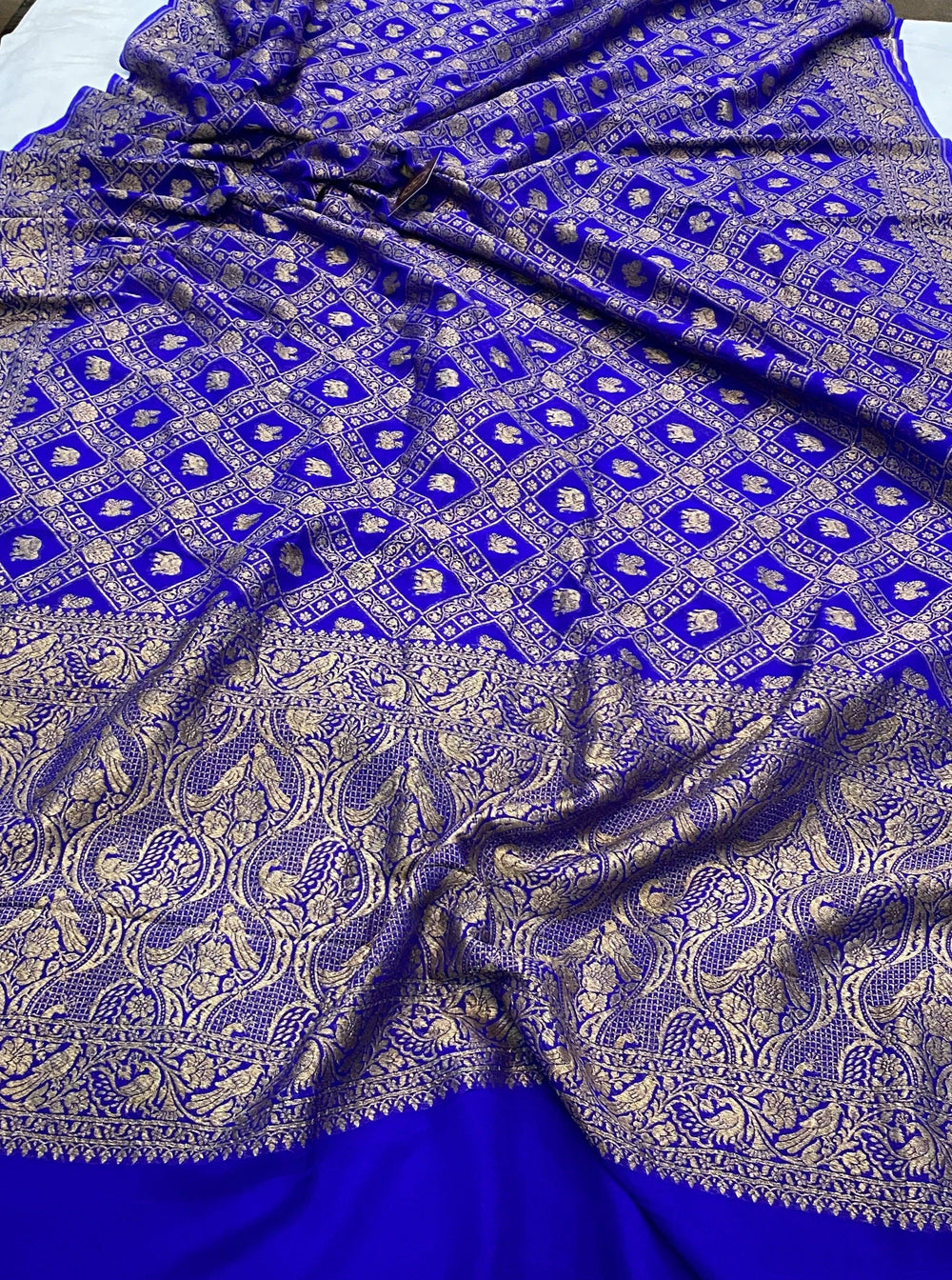 Royal Blue Banarasi Khaddi Georgette Saree - Aura Benaras