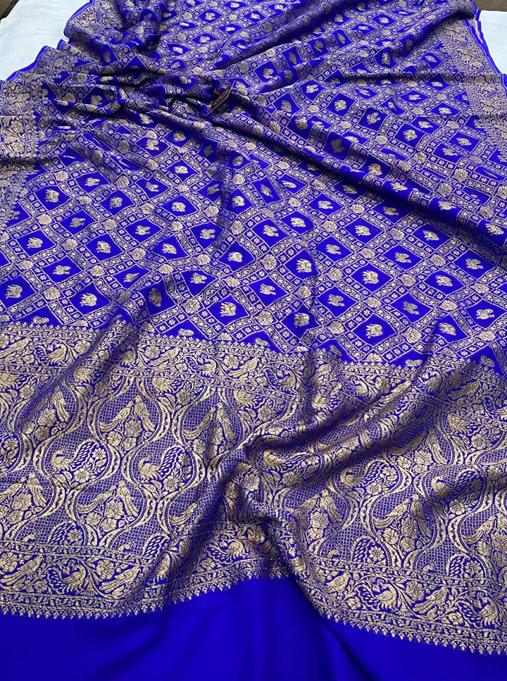 Royal Blue Banarasi Khaddi Georgette Saree - Aura Benaras