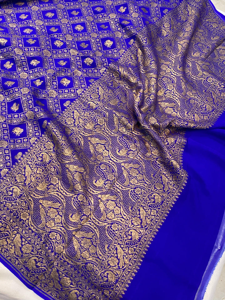 Royal Blue Banarasi Khaddi Georgette Saree - Aura Benaras