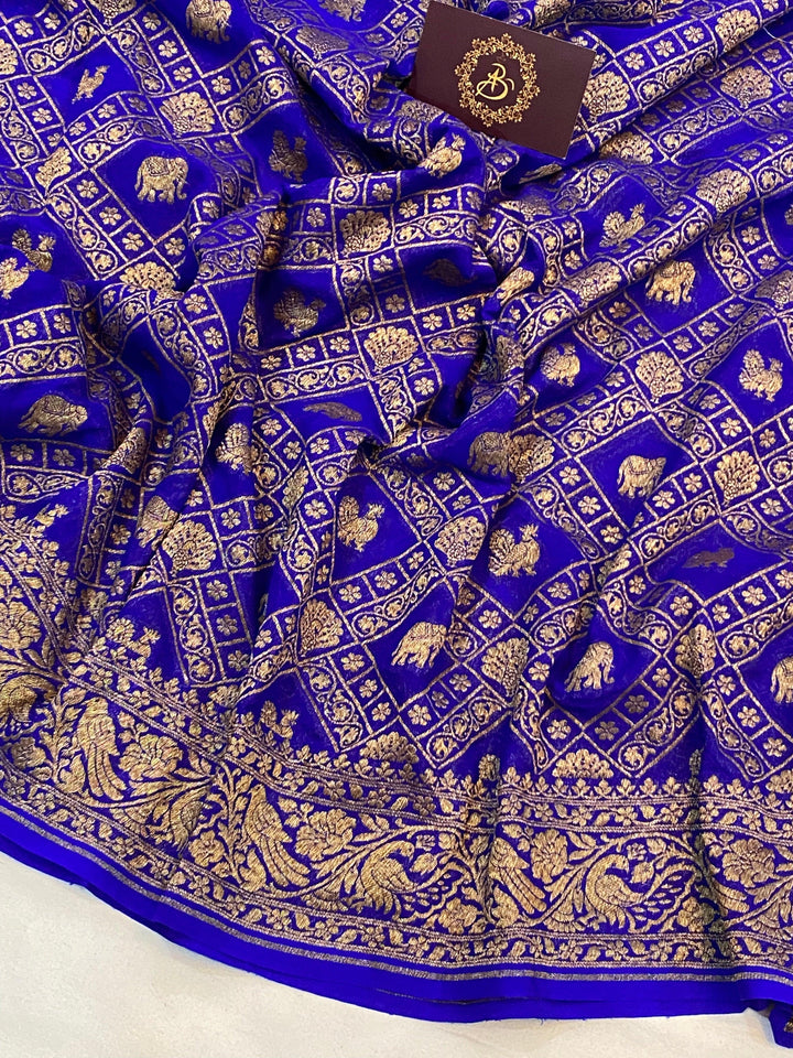 Royal Blue Banarasi Khaddi Georgette Saree - Aura Benaras