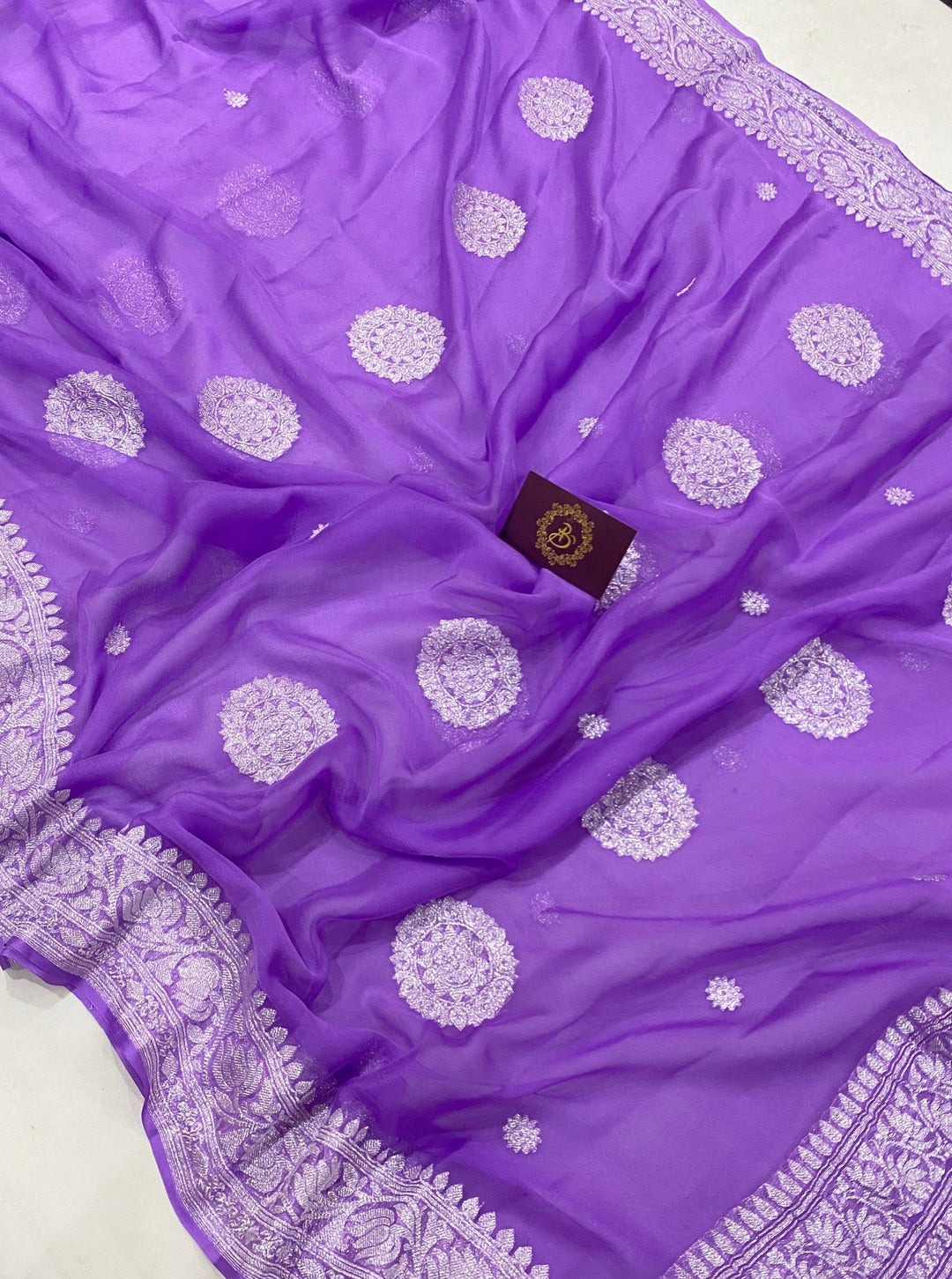Lavender Buta Khaddi Chiffon Banarasi Handloom Saree - Aura Benaras