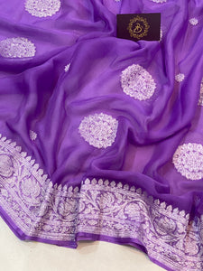 Lavender Buta Khaddi Chiffon Banarasi Handloom Saree - Aura Benaras