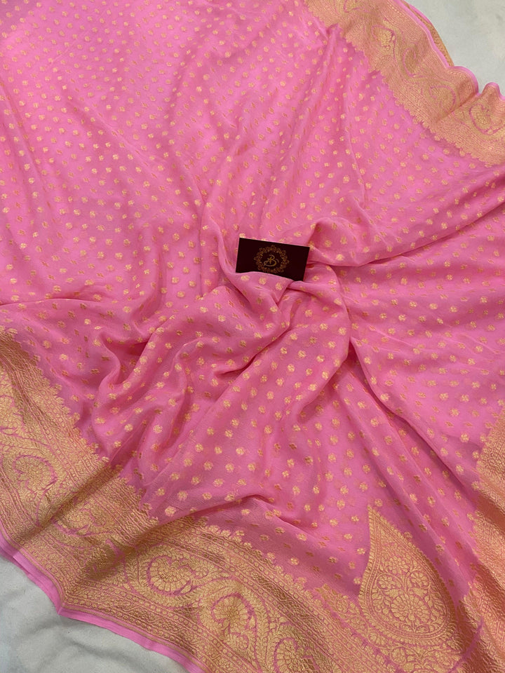 Baby Pink Pure Banarasi Khaddi Georgette Saree - Aura Benaras