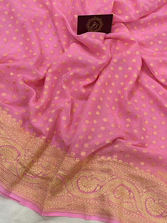 Baby Pink Pure Banarasi Khaddi Georgette Saree - Aura Benaras