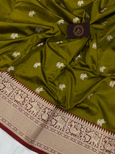 Mehendi Green Pure Banarasi Handloom Katan Silk Saree - Aura Benaras