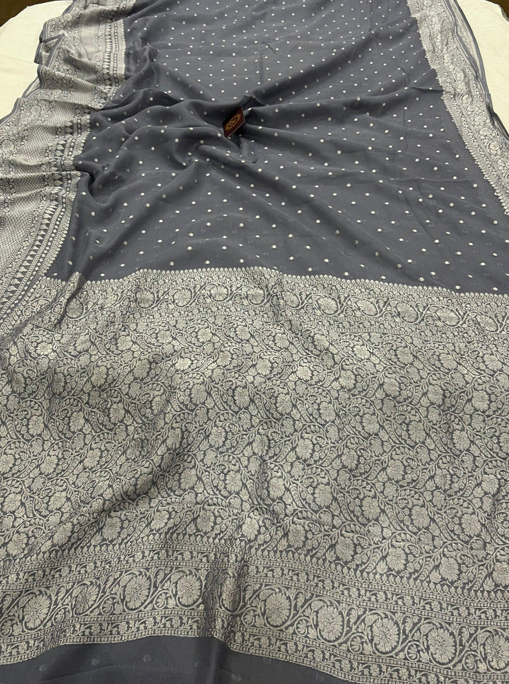 Grey Pure Banarasi Khaddi Georgette Saree - Aura Benaras