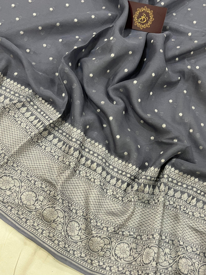 Grey Pure Banarasi Khaddi Georgette Saree - Aura Benaras