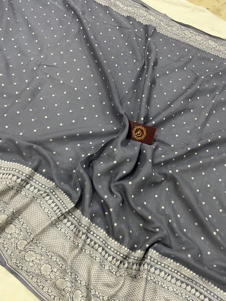 Grey Pure Banarasi Khaddi Georgette Saree - Aura Benaras