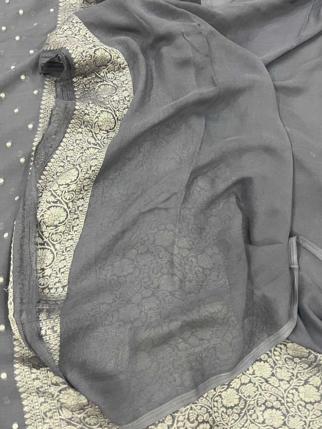 Grey Pure Banarasi Khaddi Georgette Saree - Aura Benaras