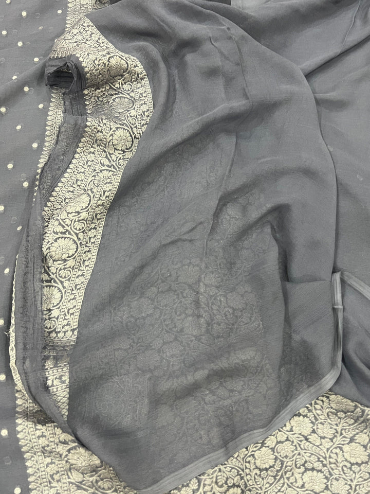 Grey Pure Banarasi Khaddi Georgette Saree - Aura Benaras