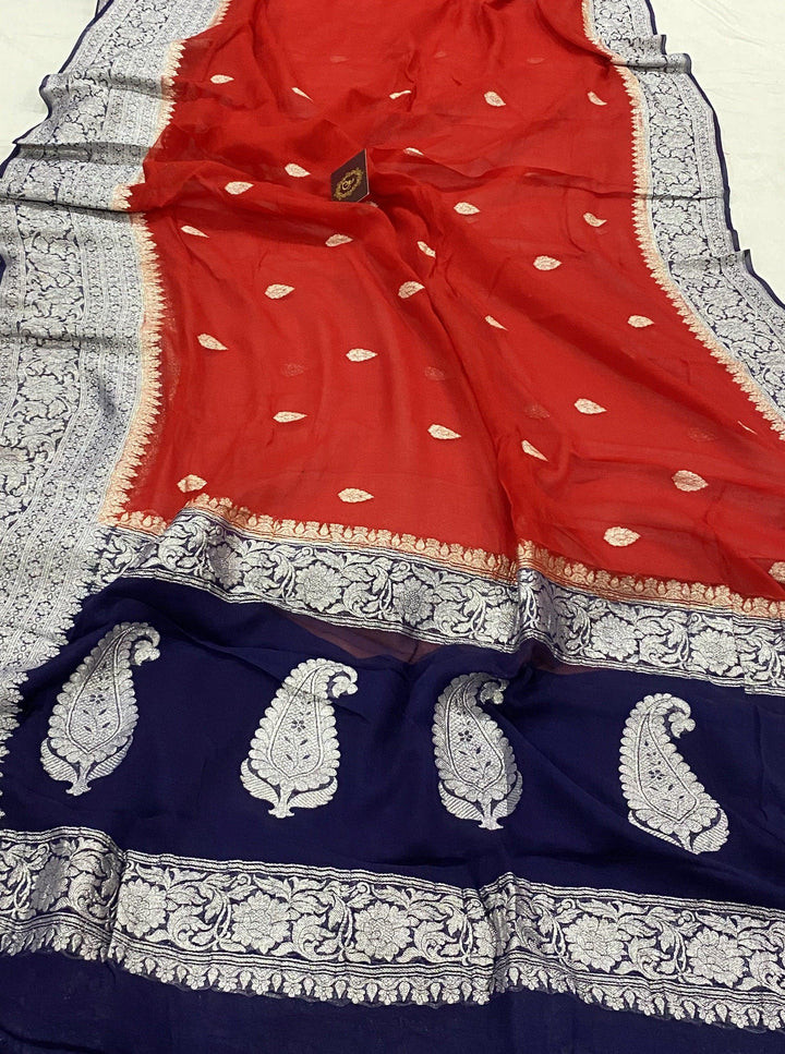 Red Banarasi Khaddi Chiffon Georgette Saree - Aura Benaras