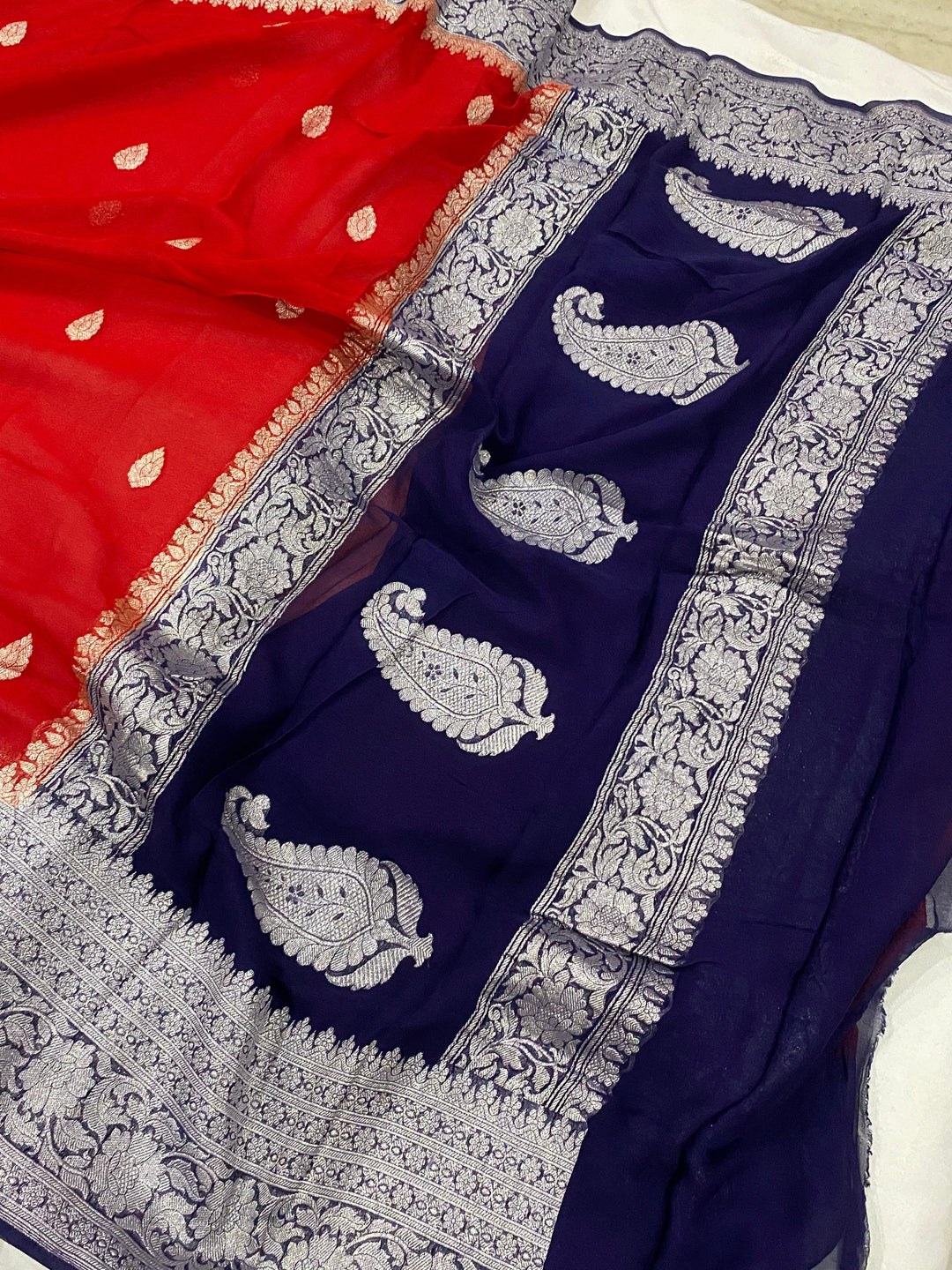 Red Banarasi Khaddi Chiffon Georgette Saree - Aura Benaras