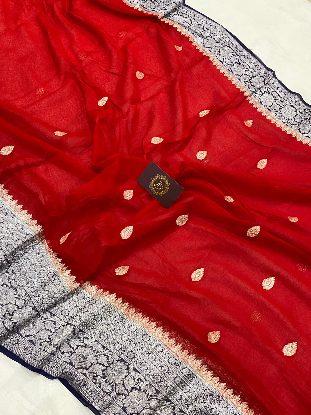Red Banarasi Khaddi Chiffon Georgette Saree - Aura Benaras